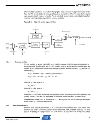 39
32059L–AVR32–01/2012
AT32UC3B
When the PLL is switched on, or when changing the clock source or multiplication factor for the
PLL, the PLL is unlocked and the output frequency is undefined. The PLL clock for the digital
logic is automatically masked when the PLL is unlocked, to prevent connected digital logic from
receiving a too high frequency and thus become unstable.
Figure 9-3. PLL with control logic and filters
9.5.4.1 Enabling the PLL
PLLn is enabled by writing the PLLEN bit in the PLLn register. PLLOSC selects Oscillator 0 or 1
as clock source. The PLLMUL and PLLDIV bitfields must be written with the multiplication and
division factors, respectively, creating the voltage controlled ocillator frequency fVCO and the PLL
frequency fPLL :
fVCO = (PLLMUL+1)/(PLLDIV) • fOSC if PLLDIV > 0.
fVCO = 2*(PLLMUL+1) • fOSC if PLLDIV = 0.
If PLLOPT[1] field is set to 0:
fPLL = fVCO.
If PLLOPT[1] field is set to 1:
fPLL = fVCO / 2.
The PLLn:PLLOPT field should be set to proper values according to the PLL operating fre-
quency. The PLLOPT field can also be set to divide the output frequency of the PLLs by 2.
The lock signal for each PLL is available as a LOCKn flag in POSCSR. An interrupt can be gen-
erated on a 0 to 1 transition of these bits.
9.5.5 Synchronous clocks
The slow clock (default), Oscillator 0, or PLL0 provide the source for the main clock, which is the
common root for the synchronous clocks for the CPU/HSB, PBA, and PBB modules. The main
clock is divided by an 8-bit prescaler, and each of these four synchronous clocks can run from
P h a s e
D e te c to r
O u tp u t
D iv id e r
0
1
O s c 0
c lo c k
O s c 1
c lo c k
P L L O S C P L L O P T
P L L M U L
L o c k b it
M a s k P L L c lo c k
In p u t
D iv id e r
P L L D IV
1 /2
P L L O P T [1 ]
0
1
V C O
fv c o
fP L L
L o c k
D e te c to r
 