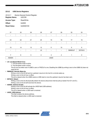 414
32059L–AVR32–01/2012
AT32UC3B
22.8.2 USB Device Registers
22.8.2.1 Device General Control Register
Register Name: UDCON
Access Type: Read/Write
Offset: 0x0000
Reset Value: 0x00000100
• LS: Low-Speed Mode Force
1: The low-speed mode is active.
0: The full-speed mode is active.
This bit can be written even if USBE is zero or FRZCLK is one. Disabling the USBB (by writing a zero to the USBE bit) does not
reset this bit.
• RMWKUP: Remote Wake-Up
Writing a one to this bit will send an upstream resume to the host for a remote wake-up.
Writing a zero to this bit has no effect.
This bit is cleared when the USBB receive a USB reset or once the upstream resume has been sent.
• DETACH: Detach
Writing a one to this bit will physically detach the device (disconnect internal pull-up resistor from D+ and D-).
Writing a zero to this bit will reconnect the device.
• ADDEN: Address Enable
Writing a one to this bit will activate the UADD field (USB address).
Writing a zero to this bit has no effect.
This bit is cleared when a USB reset is received.
• UADD: USB Address
This field contains the device address.
This field is cleared when a USB reset is received.
31 30 29 28 27 26 25 24
- - - - - - - -
23 22 21 20 19 18 17 16
- - - - - - - -
15 14 13 12 11 10 9 8
- - - LS - - RMWKUP DETACH
7 6 5 4 3 2 1 0
ADDEN UADD
 