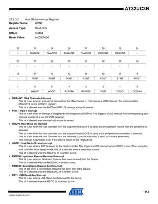 443
32059L–AVR32–01/2012
AT32UC3B
22.8.3.2 Host Global Interrupt Register
Register Name: UHINT
Access Type: Read-Only
Offset: 0x0404
Reset Value: 0x00000000
• DMAnINT: DMA Channel n Interrupt
This bit is set when an interrupt is triggered by the DMA channel n. This triggers a USB interrupt if the corresponding
DMAnINTE is one (UHINTE register).
This bit is cleared when the UHDMAnSTATUS interrupt source is cleared.
• PnINT: Pipe n Interrupt
This bit is set when an interrupt is triggered by the endpoint n (UPSTAn). This triggers a USB interrupt if the corresponding pipe
interrupt enable bit is one (UHINTE register).
This bit is cleared when the interrupt source is served.
• HWUPI: Host Wake-Up Interrupt
This bit is set when the host controller is in the suspend mode (SOFE is zero) and an upstream resume from the peripheral is
detected.
This bit is set when the host controller is in the suspend mode (SOFE is zero) and a peripheral disconnection is detected.
This bit is set when the host controller is in the Idle state (USBSTA.VBUSRQ is zero, no VBus is generated).
This interrupt is generated even if the clock is frozen by the FRZCLK bit.
• HSOFI: Host Start of Frame Interrupt
This bit is set when a SOF is issued by the Host controller. This triggers a USB interrupt when HSOFE is one. When using the
host controller in low speed mode, this bit is also set when a keep-alive is sent.
This bit is cleared when the HSOFIC bit is written to one.
• RXRSMI: Upstream Resume Received Interrupt
This bit is set when an Upstream Resume has been received from the Device.
This bit is cleared when the RXRSMIC is written to one.
• RSMEDI: Downstream Resume Sent Interrupt
This bit set when a Downstream Resume has been sent to the Device.
This bit is cleared when the RSMEDIC bit is written to one.
• RSTI: USB Reset Sent Interrupt
This bit is set when a USB Reset has been sent to the device.
This bit is cleared when the RSTIC bit is written to one.
31 30 29 28 27 26 25 24
- DMA6INT DMA5INT DMA4INT DMA3INT DMA2INT DMA1INT -
23 22 21 20 19 18 17 16
- - - - - - -
15 14 13 12 11 10 9 8
- P6INT P5INT P4INT P3INT P2INT P1INT P0INT
7 6 5 4 3 2 1 0
- HWUPI HSOFI RXRSMI RSMEDI RSTI DDISCI DCONNI
 