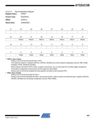 453
32059L–AVR32–01/2012
AT32UC3B
22.8.3.11 Pipe Enable/Reset Register
Register Name: UPRST
Access Type: Read/Write
Offset: 0x0041C
Reset Value: 0x00000000
• PRSTn: Pipe n Reset
Writing a one to this bit will reset the Pipe n FIFO.
This resets the endpoint n registers (UPCFGn, UPSTAn, UPCONn) but not the endpoint configuration (ALLOC, PBK, PSIZE,
PTOKEN, PTYPE, PEPNUM, INTFRQ).
All the endpoint mechanism (FIFO counter, reception, transmission, etc.) is reset apart from the Data Toggle management.
The endpoint configuration remains active and the endpoint is still enabled.
Writing a zero to this bit will complete the reset operation and allow to start using the FIFO.
• PENn: Pipe n Enable
Writing a one to this bit will enable the Pipe n.
Writing a zero to this bit will disable the Pipe n, what forces the Pipe n state to inactive and resets the pipe n registers (UPCFGn,
UPSTAn, UPCONn) but not the pipe configuration (ALLOC, PBK, PSIZE).
31 30 29 28 27 26 25 24
- - - - - - - -
23 22 21 20 19 18 17 16
- PRST6 PRST5 PRST4 PRST3 PRST2 PRST1 PRST0
15 14 13 12 11 10 9 8
- - - - - - - -
7 6 5 4 3 2 1 0
- PEN6 PEN5 PEN4 PEN3 PEN2 PEN1 PEN0
 