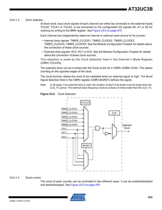 475
32059L–AVR32–01/2012
AT32UC3B
23.6.1.3 Clock selection
At block level, input clock signals of each channel can either be connected to the external inputs
TCLK0, TCLK1 or TCLK2, or be connected to the configurable I/O signals A0, A1 or A2 for
chaining by writing to the BMR register. See Figure 23-2 on page 475.
Each channel can independently select an internal or external clock source for its counter:
• Internal clock signals: TIMER_CLOCK1, TIMER_CLOCK2, TIMER_CLOCK3,
TIMER_CLOCK4, TIMER_CLOCK5. See the Module Configuration Chapter for details about
the connection of these clock sources.
• External clock signals: XC0, XC1 or XC2. See the Module Configuration Chapter for details
about the connection of these clock sources.
This selection is made by the Clock Selection field in the Channel n Mode Register
(CMRn.TCCLKS).
The selected clock can be inverted with the Clock Invert bit in CMRn (CMRn.CLKI). This allows
counting on the opposite edges of the clock.
The burst function allows the clock to be validated when an external signal is high. The Burst
Signal Selection field in the CMRn register (CMRn.BURST) defines this signal.
Note: In all cases, if an external clock is used, the duration of each of its levels must be longer than the
CLK_TC period. The external clock frequency must be at least 2.5 times lower than the CLK_TC.
Figure 23-2. Clock Selection
23.6.1.4 Clock control
The clock of each counter can be controlled in two different ways: it can be enabled/disabled
and started/stopped. See Figure 23-3 on page 476.
TIMER_CLOCK5
XC2
TCCLKS
CLKI
BURST
1
Selected
Clock
XC1
XC0
TIMER_CLOCK4
TIMER_CLOCK3
TIMER_CLOCK2
TIMER_CLOCK1
 