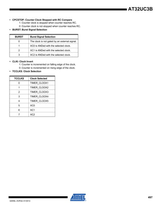 497
32059L–AVR32–01/2012
AT32UC3B
• CPCSTOP: Counter Clock Stopped with RC Compare
1: Counter clock is stopped when counter reaches RC.
0: Counter clock is not stopped when counter reaches RC.
• BURST: Burst Signal Selection
• CLKI: Clock Invert
1: Counter is incremented on falling edge of the clock.
0: Counter is incremented on rising edge of the clock.
• TCCLKS: Clock Selection
BURST Burst Signal Selection
0 The clock is not gated by an external signal.
1 XC0 is ANDed with the selected clock.
2 XC1 is ANDed with the selected clock.
3 XC2 is ANDed with the selected clock.
TCCLKS Clock Selected
0 TIMER_CLOCK1
1 TIMER_CLOCK2
2 TIMER_CLOCK3
3 TIMER_CLOCK4
4 TIMER_CLOCK5
5 XC0
6 XC1
7 XC2
 