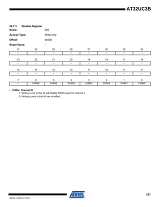 527
32059L–AVR32–01/2012
AT32UC3B
24.7.3 Disable Register
Name: DIS
Access Type: Write-only
Offset: 0x008
Reset Value: -
• CHIDx: Channel ID
1: Writing a one to this bit will disable PWM output for channel x.
0: Writing a zero to this bit has no effect.
31 30 29 28 27 26 25 24
– – – – – – – –
23 22 21 20 19 18 17 16
– – – – – – – –
15 14 13 12 11 10 9 8
– – – – – – – –
7 6 5 4 3 2 1 0
– CHID6 CHID5 CHID4 CHID3 CHID2 CHID1 CHID0
 