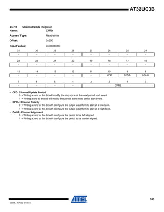 533
32059L–AVR32–01/2012
AT32UC3B
24.7.9 Channel Mode Register
Name: CMRx
Access Type: Read/Write
Offset: 0x200
Reset Value: 0x00000000
• CPD: Channel Update Period
0 = Writing a zero to this bit will modify the duty cycle at the next period start event.
1 = Writing a one to this bit will modify the period at the next period start event.
• CPOL: Channel Polarity
0 = Writing a zero to this bit with configure the output waveform to start at a low level.
1 = Writing a zero to this bit with configure the output waveform to start at a high level.
• CALG: Channel Alignment
0 = Writing a zero to this bit with configure the period to be left aligned.
1 = Writing a zero to this bit with configure the period to be center aligned.
31 30 29 28 27 26 25 24
– – – – – – – –
23 22 21 20 19 18 17 16
– – – – – – – –
15 14 13 12 11 10 9 8
– – – – – CPD CPOL CALG
7 6 5 4 3 2 1 0
– – – – CPRE
 