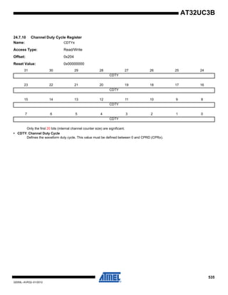 535
32059L–AVR32–01/2012
AT32UC3B
24.7.10 Channel Duty Cycle Register
Name: CDTYx
Access Type: Read/Write
Offset: 0x204
Reset Value: 0x00000000
Only the first 20 bits (internal channel counter size) are significant.
• CDTY: Channel Duty Cycle
Defines the waveform duty cycle. This value must be defined between 0 and CPRD (CPRx).
31 30 29 28 27 26 25 24
CDTY
23 22 21 20 19 18 17 16
CDTY
15 14 13 12 11 10 9 8
CDTY
7 6 5 4 3 2 1 0
CDTY
 