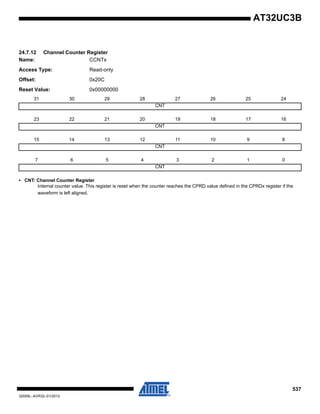 537
32059L–AVR32–01/2012
AT32UC3B
24.7.12 Channel Counter Register
Name: CCNTx
Access Type: Read-only
Offset: 0x20C
Reset Value: 0x00000000
• CNT: Channel Counter Register
Internal counter value. This register is reset when the counter reaches the CPRD value defined in the CPRDx register if the
waveform is left aligned.
31 30 29 28 27 26 25 24
CNT
23 22 21 20 19 18 17 16
CNT
15 14 13 12 11 10 9 8
CNT
7 6 5 4 3 2 1 0
CNT
 