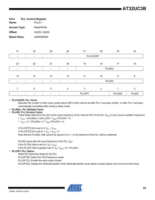 54
32059L–AVR32–01/2012
AT32UC3B
9.6.4 PLL Control Register
Name: PLL0,1
Access Type: Read/Write
Offset: 0x020, 0x024
Reset Value: 0x00000000
• PLLCOUNT: PLL Count
Specifies the number of slow clock cycles before ISR:LOCKn will be set after PLLn has been written, or after PLLn has been
automatically re-enabled after exiting a sleep mode.
• PLLMUL: PLL Multiply Factor
• PLLDIV: PLL Division Factor
These fields determine the ratio of the ouput frequency of the internal VCO of the PLL (fVCO) to the source oscillator frequency:
• fVCO = (PLLMUL+1)/(PLLDIV) * fOSC if PLLDIV > 0.
• fVCO = 2 * (PLLMUL+1) * fOSC if PLLDIV = 0.
If PLLOPT[1] bit is set to 0: fPLL = fVCO.
If PLLOPT[1] bit is set to 1: fPLL = fVCO / 2.
Note that the PLLMUL field cannot be equal to 0 or 1, or the behavior of the PLL will be undefined.
PLLDIV gives also the input frequency of the PLL (fIN):
if the PLLDIV field is set to 0: fIN = fOSC.
if the PLLDIV field is greater than 0: fIN = fOSC / (2 * PLLDIV).
• PLLOPT: PLL Option
Select the operating range for the PLL.
PLLOPT[0]: Select the VCO frequency range.
PLLOPT[1]: Enable the extra output divider.
PLLOPT[2]: Disable the Wide-Bandwidth mode (Wide-Bandwidth mode allows a faster startup time and out-of-lock time).
•
31 30 29 28 27 26 25 24
- - PLLCOUNT
23 22 21 20 19 18 17 16
- - - - PLLMUL
15 14 13 12 11 10 9 8
- - - - PLLDIV
7 6 5 4 3 2 1 0
- - - PLLOPT PLLOSC PLLEN
 