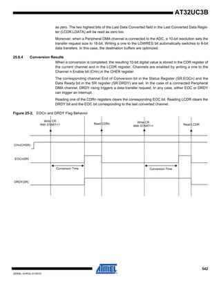 542
32059L–AVR32–01/2012
AT32UC3B
as zero. The two highest bits of the Last Data Converted field in the Last Converted Data Regis-
ter (LCDR.LDATA) will be read as zero too.
Moreover, when a Peripheral DMA channel is connected to the ADC, a 10-bit resolution sets the
transfer request size to 16-bit. Writing a one to the LOWRES bit automatically switches to 8-bit
data transfers. In this case, the destination buffers are optimized.
25.6.4 Conversion Results
When a conversion is completed, the resulting 10-bit digital value is stored in the CDR register of
the current channel and in the LCDR register. Channels are enabled by writing a one to the
Channel n Enable bit (CHn) in the CHER register.
The corresponding channel End of Conversion bit in the Status Register (SR.EOCn) and the
Data Ready bit in the SR register (SR.DRDY) are set. In the case of a connected Peripheral
DMA channel, DRDY rising triggers a data transfer request. In any case, either EOC or DRDY
can trigger an interrupt.
Reading one of the CDRn registers clears the corresponding EOC bit. Reading LCDR clears the
DRDY bit and the EOC bit corresponding to the last converted channel.
Figure 25-2. EOCn and DRDY Flag Behavior
Read LCDR
Write CR
With START=1
Read CDRn
Write CR
With START=1
CHn(CHSR)
EOCn(SR)
DRDY(SR)
Conversion Time Conversion Time
 