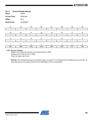 550
32059L–AVR32–01/2012
AT32UC3B
25.7.4 Channel Disable Register
Name: CHDR
Access Type: Write-only
Offset: 0x14
Reset Value: 0x00000000
• CHn: Channel n Disable
Writing a one to these bits will clear the corresponding bit in CHSR.
Writing a zero to these bits has no effect.
These bits always read a zero.
Warning: If the corresponding channel is disabled during a conversion or if it is disabled then reenabled during a conversion, its
associated data and its corresponding EOC and OVRE flags in SR are unpredictable.
31 30 29 28 27 26 25 24
– – – – – – – –
23 22 21 20 19 18 17 16
– – – – – – – –
15 14 13 12 11 10 9 8
– – – – – – – –
7 6 5 4 3 2 1 0
CH7 CH6 CH5 CH4 CH3 CH2 CH1 CH0
 