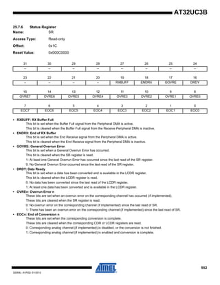552
32059L–AVR32–01/2012
AT32UC3B
25.7.6 Status Register
Name: SR
Access Type: Read-only
Offset: 0x1C
Reset Value: 0x000C0000
• RXBUFF: RX Buffer Full
This bit is set when the Buffer Full signal from the Peripheral DMA is active.
This bit is cleared when the Buffer Full signal from the Receive Peripheral DMA is inactive.
• ENDRX: End of RX Buffer
This bit is set when the End Receive signal from the Peripheral DMA is active.
This bit is cleared when the End Receive signal from the Peripheral DMA is inactive.
• GOVRE: General Overrun Error
This bit is set when a General Overrun Error has occurred.
This bit is cleared when the SR register is read.
1: At least one General Overrun Error has occurred since the last read of the SR register.
0: No General Overrun Error occurred since the last read of the SR register.
• DRDY: Data Ready
This bit is set when a data has been converted and is available in the LCDR register.
This bit is cleared when the LCDR register is read.
0: No data has been converted since the last read of the LCDR register.
1: At least one data has been converted and is available in the LCDR register.
• OVREn: Overrun Error n
These bits are set when an overrun error on the corresponding channel has occurred (if implemented).
These bits are cleared when the SR register is read.
0: No overrun error on the corresponding channel (if implemented) since the last read of SR.
1: There has been an overrun error on the corresponding channel (if implemented) since the last read of SR.
• EOCn: End of Conversion n
These bits are set when the corresponding conversion is complete.
These bits are cleared when the corresponding CDR or LCDR registers are read.
0: Corresponding analog channel (if implemented) is disabled, or the conversion is not finished.
1: Corresponding analog channel (if implemented) is enabled and conversion is complete.
31 30 29 28 27 26 25 24
– – – – – – – –
23 22 21 20 19 18 17 16
– – – – RXBUFF ENDRX GOVRE DRDY
15 14 13 12 11 10 9 8
OVRE7 OVRE6 OVRE5 OVRE4 OVRE3 OVRE2 OVRE1 OVRE0
7 6 5 4 3 2 1 0
EOC7 EOC6 EOC5 EOC4 EOC3 EOC2 EOC1 EOC0
 