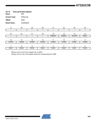 554
32059L–AVR32–01/2012
AT32UC3B
25.7.8 Interrupt Enable Register
Name: IER
Access Type: Write-only
Offset: 0x24
Reset Value: 0x00000000
Writing a zero to a bit in this register has no effect.
Writing a one to a bit in this register will set the corresponding bit in IMR.
31 30 29 28 27 26 25 24
– – – – – – – –
23 22 21 20 19 18 17 16
– – – – RXBUFF ENDRX GOVRE DRDY
15 14 13 12 11 10 9 8
OVRE7 OVRE6 OVRE5 OVRE4 OVRE3 OVRE2 OVRE1 OVRE0
7 6 5 4 3 2 1 0
EOC7 EOC6 EOC5 EOC4 EOC3 EOC2 EOC1 EOC0
 