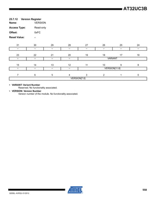 558
32059L–AVR32–01/2012
AT32UC3B
25.7.12 Version Register
Name: VERSION
Access Type: Read-only
Offset: 0xFC
Reset Value: –
• VARIANT: Variant Number
Reserved. No functionality associated.
• VERSION: Version Number
Version number of the module. No functionality associated.
31 30 29 28 27 26 25 24
– – – – – – – –
23 22 21 20 19 18 17 16
– – – – VARIANT
15 14 13 12 11 10 9 8
– – – – VERSION[11:8]
7 6 5 4 3 2 1 0
VERSION[7:0]
 