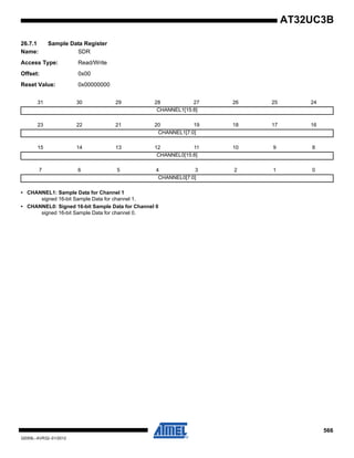 566
32059L–AVR32–01/2012
AT32UC3B
26.7.1 Sample Data Register
Name: SDR
Access Type: Read/Write
Offset: 0x00
Reset Value: 0x00000000
• CHANNEL1: Sample Data for Channel 1
signed 16-bit Sample Data for channel 1.
• CHANNEL0: Signed 16-bit Sample Data for Channel 0
signed 16-bit Sample Data for channel 0.
31 30 29 28 27 26 25 24
CHANNEL1[15:8]
23 22 21 20 19 18 17 16
CHANNEL1[7:0]
15 14 13 12 11 10 9 8
CHANNEL0[15:8]
7 6 5 4 3 2 1 0
CHANNEL0[7:0]
 