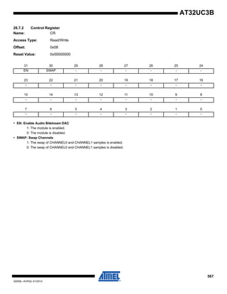 567
32059L–AVR32–01/2012
AT32UC3B
26.7.2 Control Register
Name: CR
Access Type: Read/Write
Offset: 0x08
Reset Value: 0x00000000
• EN: Enable Audio Bitstream DAC
1: The module is enabled.
0: The module is disabled.
• SWAP: Swap Channels
1: The swap of CHANNEL0 and CHANNEL1 samples is enabled.
0: The swap of CHANNEL0 and CHANNEL1 samples is disabled.
31 30 29 28 27 26 25 24
EN SWAP - - - - - -
23 22 21 20 19 18 17 16
- - - - - - - -
15 14 13 12 11 10 9 8
- - - - - - - -
7 6 5 4 3 2 1 0
- - - - - - - -
 