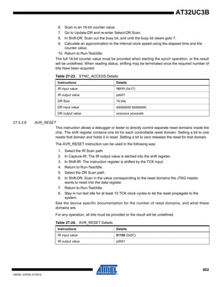 602
32059L–AVR32–01/2012
AT32UC3B
6. Scan in an 16-bit counter value.
7. Go to Update-DR and re-enter Select-DR Scan.
8. In Shift-DR: Scan out the busy bit, and until the busy bit clears goto 7.
9. Calculate an approximation to the internal clock speed using the elapsed time and the
counter value.
10. Return to Run-Test/Idle.
The full 16-bit counter value must be provided when starting the synch operation, or the result
will be undefined. When reading status, shifting may be terminated once the required number of
bits have been acquired.
27.5.3.8 AVR_RESET
This instruction allows a debugger or tester to directly control separate reset domains inside the
chip. The shift register contains one bit for each controllable reset domain. Setting a bit to one
resets that domain and holds it in reset. Setting a bit to zero releases the reset for that domain.
The AVR_RESET instruction can be used in the following way:
1. Select the IR Scan path.
2. In Capture-IR: The IR output value is latched into the shift register.
3. In Shift-IR: The instruction register is shifted by the TCK input.
4. Return to Run-Test/Idle.
5. Select the DR Scan path.
6. In Shift-DR: Scan in the value corresponding to the reset domains the JTAG master
wants to reset into the data register.
7. Return to Run-Test/Idle.
8. Stay in run test idle for at least 10 TCK clock cycles to let the reset propagate to the
system.
See the device specific documentation for the number of reset domains, and what these
domains are.
For any operation, all bits must be provided or the result will be undefined.
Table 27-23. SYNC_ACCESS Details
Instructions Details
IR input value 10111 (0x17)
IR output value peb01
DR Size 16 bits
DR input value dddddddd dddddddd
DR output value xxxxxxxx xxxxxxeb
Table 27-24. AVR_RESET Details
Instructions Details
IR input value 01100 (0x0C)
IR output value p0001
 