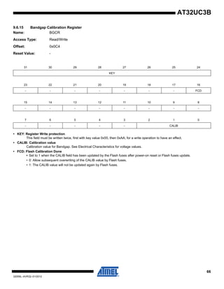 66
32059L–AVR32–01/2012
AT32UC3B
9.6.15 Bandgap Calibration Register
Name: BGCR
Access Type: Read/Write
Offset: 0x0C4
Reset Value: -
• KEY: Register Write protection
This field must be written twice, first with key value 0x55, then 0xAA, for a write operation to have an effect.
• CALIB: Calibration value
Calibration value for Bandgap. See Electrical Characteristics for voltage values.
• FCD: Flash Calibration Done
• Set to 1 when the CALIB field has been updated by the Flash fuses after power-on reset or Flash fuses update.
• 0: Allow subsequent overwriting of the CALIB value by Flash fuses.
• 1: The CALIB value will not be updated again by Flash fuses.
31 30 29 28 27 26 25 24
KEY
23 22 21 20 19 18 17 16
- - - - - - - FCD
15 14 13 12 11 10 9 8
- - - - - - - -
7 6 5 4 3 2 1 0
- - - - - CALIB
 