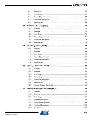 678
32059L–AVR32–01/2012
AT32UC3B
9.2 Description .......................................................................................................35
9.3 Block Diagram .................................................................................................36
9.4 Product Dependencies ....................................................................................37
9.5 Functional Description .....................................................................................37
9.6 User Interface ..................................................................................................49
10 Real Time Counter (RTC) ...................................................................... 72
10.1 Features ..........................................................................................................72
10.2 Overview ..........................................................................................................72
10.3 Block Diagram .................................................................................................72
10.4 Product Dependencies ....................................................................................72
10.5 Functional Description .....................................................................................73
10.6 User Interface ..................................................................................................75
11 Watchdog Timer (WDT) ......................................................................... 84
11.1 Features ..........................................................................................................84
11.2 Overview ..........................................................................................................84
11.3 Block Diagram .................................................................................................84
11.4 Product Dependencies ....................................................................................84
11.5 Functional Description .....................................................................................85
11.6 User Interface ..................................................................................................85
12 Interrupt Controller (INTC) .................................................................... 88
12.1 Features ..........................................................................................................88
12.2 Overview ..........................................................................................................88
12.3 Block Diagram .................................................................................................88
12.4 Product Dependencies ....................................................................................89
12.5 Functional Description .....................................................................................89
12.6 User Interface ..................................................................................................92
12.7 Interrupt Request Signal Map ..........................................................................96
13 External Interrupt Controller (EIC) ....................................................... 98
13.1 Features ..........................................................................................................98
13.2 Overview ..........................................................................................................98
13.3 Block Diagram .................................................................................................99
13.4 I/O Lines Description .......................................................................................99
13.5 Product Dependencies ....................................................................................99
13.6 Functional Description ...................................................................................100
13.7 User Interface ................................................................................................104
 