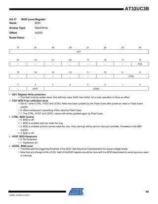 68
32059L–AVR32–01/2012
AT32UC3B
9.6.17 BOD Level Register
Name: BOD
Access Type: Read/Write
Offset: 0x0D0
Reset Value: -
• KEY: Register Write protection
• This field must be written twice, first with key value 0x55, then 0xAA, for a write operation to have an effect.
• FCD: BOD Fuse calibration done
• Set to 1 when CTRL, HYST and LEVEL fields has been updated by the Flash fuses after power-on reset or Flash fuses
update.
• 0: Allow subsequent overwriting of the value by Flash fuses.
• 1: The CTRL, HYST and LEVEL values will not be updated again by Flash fuses.
• CTRL: BOD Control
• 0: BOD is off.
• 1: BOD is enabled and can reset the chip.
• 2: BOD is enabled and but cannot reset the chip. Only interrupt will be sent to interrupt controller, if enabled in the IMR
register.
• 3: BOD is off.
• HYST: BOD Hysteresis
• 0: No hysteresis
• 1: Hysteresis On
• LEVEL: BOD Level
• This field sets the triggering threshold of the BOD. See Electrical Characteristics for actual voltage levels.
• Note that any change to the LEVEL field of the BOD register should be done with the BOD deactivated to avoid spurious reset
or interrupt.
31 30 29 28 27 26 25 24
KEY
23 22 21 20 19 18 17 16
- - - - - - - FCD
15 14 13 12 11 10 9 8
- - - - - - CTRL
7 6 5 4 3 2 1 0
- HYST LEVEL
 