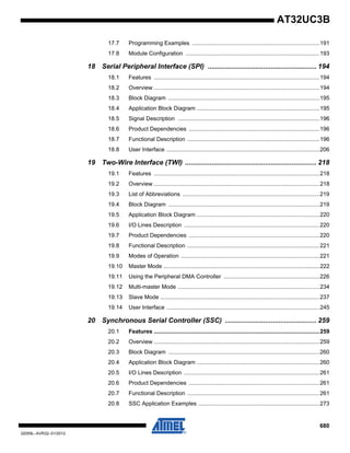 680
32059L–AVR32–01/2012
AT32UC3B
17.7 Programming Examples ................................................................................191
17.8 Module Configuration ....................................................................................193
18 Serial Peripheral Interface (SPI) ......................................................... 194
18.1 Features ........................................................................................................194
18.2 Overview ........................................................................................................194
18.3 Block Diagram ...............................................................................................195
18.4 Application Block Diagram .............................................................................195
18.5 Signal Description .........................................................................................196
18.6 Product Dependencies ..................................................................................196
18.7 Functional Description ...................................................................................196
18.8 User Interface ................................................................................................206
19 Two-Wire Interface (TWI) ..................................................................... 218
19.1 Features ........................................................................................................218
19.2 Overview ........................................................................................................218
19.3 List of Abbreviations ......................................................................................219
19.4 Block Diagram ...............................................................................................219
19.5 Application Block Diagram .............................................................................220
19.6 I/O Lines Description .....................................................................................220
19.7 Product Dependencies ..................................................................................220
19.8 Functional Description ...................................................................................221
19.9 Modes of Operation .......................................................................................221
19.10 Master Mode ..................................................................................................222
19.11 Using the Peripheral DMA Controller ............................................................226
19.12 Multi-master Mode .........................................................................................234
19.13 Slave Mode ....................................................................................................237
19.14 User Interface ................................................................................................245
20 Synchronous Serial Controller (SSC) ................................................ 259
20.1 Features ........................................................................................................259
20.2 Overview ........................................................................................................259
20.3 Block Diagram ...............................................................................................260
20.4 Application Block Diagram .............................................................................260
20.5 I/O Lines Description .....................................................................................261
20.6 Product Dependencies ..................................................................................261
20.7 Functional Description ...................................................................................261
20.8 SSC Application Examples ............................................................................273
 