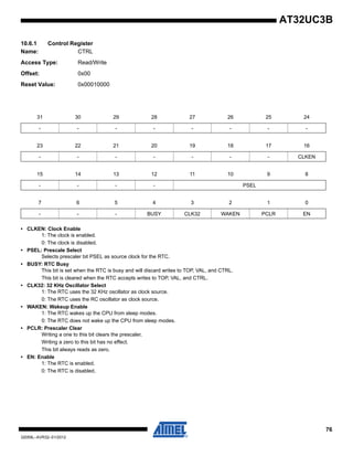 76
32059L–AVR32–01/2012
AT32UC3B
10.6.1 Control Register
Name: CTRL
Access Type: Read/Write
Offset: 0x00
Reset Value: 0x00010000
• CLKEN: Clock Enable
1: The clock is enabled.
0: The clock is disabled.
• PSEL: Prescale Select
Selects prescaler bit PSEL as source clock for the RTC.
• BUSY: RTC Busy
This bit is set when the RTC is busy and will discard writes to TOP, VAL, and CTRL.
This bit is cleared when the RTC accepts writes to TOP, VAL, and CTRL.
• CLK32: 32 KHz Oscillator Select
1: The RTC uses the 32 KHz oscillator as clock source.
0: The RTC uses the RC oscillator as clock source.
• WAKEN: Wakeup Enable
1: The RTC wakes up the CPU from sleep modes.
0: The RTC does not wake up the CPU from sleep modes.
• PCLR: Prescaler Clear
Writing a one to this bit clears the prescaler.
Writing a zero to this bit has no effect.
This bit always reads as zero.
• EN: Enable
1: The RTC is enabled.
0: The RTC is disabled.
31 30 29 28 27 26 25 24
- - - - - - - -
23 22 21 20 19 18 17 16
- - - - - - - CLKEN
15 14 13 12 11 10 9 8
- - - - PSEL
7 6 5 4 3 2 1 0
- - - BUSY CLK32 WAKEN PCLR EN
 