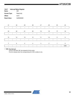 82
32059L–AVR32–01/2012
AT32UC3B
10.6.7 Interrupt Status Register
Name: ISR
Access Type: Read-only
Offset: 0x1C
Reset Value: 0x00000000
• TOPI: Top Interrupt
This bit is set when VAL has wrapped at its top value.
This bit is cleared when the corresponding bit in ICR is written to one.
31 30 29 28 27 26 25 24
- - - - - - - -
23 22 21 20 19 18 17 16
- - - - - - - -
15 14 13 12 11 10 9 8
- - - - - - - -
7 6 5 4 3 2 1 0
- - - - - - - TOPI
 