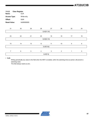 87
32059L–AVR32–01/2012
AT32UC3B
11.6.2 Clear Register
Name: CLR
Access Type: Write-only
Offset: 0x04
Reset Value: 0x00000000
• CLR:
Writing periodically any value to this field when the WDT is enabled, within the watchdog time-out period, will prevent a
watchdog reset.
This field always reads as zero.
31 30 29 28 27 26 25 24
CLR[31:24]
23 22 21 20 19 18 17 16
CLR[23:16]
15 14 13 12 11 10 9 8
CLR[15:8]
7 6 5 4 3 2 1 0
CLR[7:0]
 