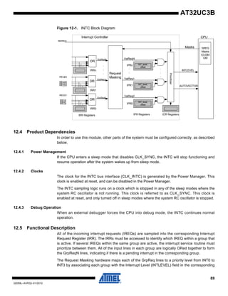 89
32059L–AVR32–01/2012
AT32UC3B
Figure 12-1. INTC Block Diagram
12.4 Product Dependencies
In order to use this module, other parts of the system must be configured correctly, as described
below.
12.4.1 Power Management
If the CPU enters a sleep mode that disables CLK_SYNC, the INTC will stop functioning and
resume operation after the system wakes up from sleep mode.
12.4.2 Clocks
The clock for the INTC bus interface (CLK_INTC) is generated by the Power Manager. This
clock is enabled at reset, and can be disabled in the Power Manager.
The INTC sampling logic runs on a clock which is stopped in any of the sleep modes where the
system RC oscillator is not running. This clock is referred to as CLK_SYNC. This clock is
enabled at reset, and only turned off in sleep modes where the system RC oscillator is stopped.
12.4.3 Debug Operation
When an external debugger forces the CPU into debug mode, the INTC continues normal
operation.
12.5 Functional Description
All of the incoming interrupt requests (IREQs) are sampled into the corresponding Interrupt
Request Register (IRR). The IRRs must be accessed to identify which IREQ within a group that
is active. If several IREQs within the same group are active, the interrupt service routine must
prioritize between them. All of the input lines in each group are logically ORed together to form
the GrpReqN lines, indicating if there is a pending interrupt in the corresponding group.
The Request Masking hardware maps each of the GrpReq lines to a priority level from INT0 to
INT3 by associating each group with the Interrupt Level (INTLEVEL) field in the corresponding
Request
Masking
OR
IREQ0
IREQ1
IREQ2
IREQ31
GrpReq0
Masks SREG
Masks
I[3-0]M
GM
INTLEVEL
AUTOVECTOR
Prioritizer
CPUInterrupt Controller
OR
GrpReqN
NMIREQ
OR
IREQ32
IREQ33
IREQ34
IREQ63
GrpReq1
IRR Registers IPR Registers ICR Registers
INT_level,
offset
INT_level,
offset
INT_level,
offset
IPR0
IPR1
IPRn
IRR0
IRR1
IRRn
ValReq0
ValReq1
ValReqN
.
.
.
.
.
.
.
.
.
 