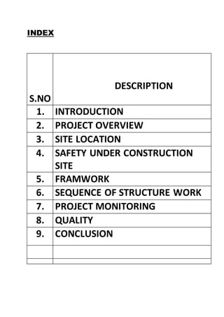 INDEX
S.NO
DESCRIPTION
1. INTRODUCTION
2. PROJECT OVERVIEW
3. SITE LOCATION
4. SAFETY UNDER CONSTRUCTION
SITE
5. FRAMWORK
6. SEQUENCE OF STRUCTURE WORK
7. PROJECT MONITORING
8. QUALITY
9. CONCLUSION
 