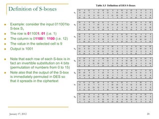 January 17, 2012 20
Definition of S-boxes
 Example: consider the input 011001to
S-box S1
 The row is 011001: 01 (i.e. 1)
 The column is 011001: 1100 (i.e. 12)
 The value in the selected cell is 9
 Output is 1001
 Note that each row of each S-box is in
fact an invertible substitution on 4 bits
(permutation of numbers from 0 to 15)
 Note also that the output of the S-box
is immediately permuted in DES so
that it spreads in the ciphertext
 