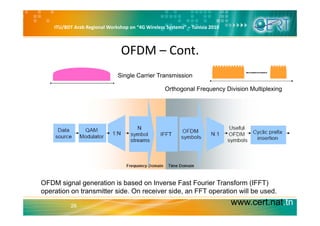ITU/BDT Arab Regional Workshop on “4G Wireless Systems” – Tunisia 2010
OFDM – Cont. 
Single Carrier Transmission
O th l F Di i i M lti l iOrthogonal Frequency Division Multiplexing
OFDM signal generation is based on Inverse Fast Fourier Transform (IFFT)
operation on transmitter side On receiver side an FFT operation will be used
www.cert.nat.tn26
operation on transmitter side. On receiver side, an FFT operation will be used.
 