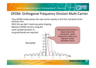 ITU/BDT Arab Regional Workshop on “4G Wireless Systems” – Tunisia 2010
OFDM: Orthogonal Frequency Division Multi‐Carrier
Th OFDM i l l h i l i h fi ll i f hThus OFDM simply places the next carrier exactly in the first null point of the 
previous one. 
With this we don’t need any pulse‐shaping.
B OFDM i i hBetween OFDM carriers using the 
same symbol duration Ts, 
no guard bands are required. fs
Orthogonal Subcarriers: it
means that at the
subcarriers centerfs subcarriers center
frequencies, there is no
Adjacent Carrier
Interefence (ACI)
Two carriers
( )
f/fs
www.cert.nat.tn39 LTE Overview
 
