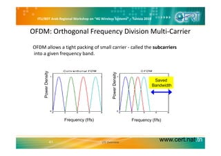 ITU/BDT Arab Regional Workshop on “4G Wireless Systems” – Tunisia 2010
OFDM: Orthogonal Frequency Division Multi‐Carrier
OFDM allows a tight packing of small carrier ‐ called the subcarriers
into a given frequency band. 
nsity
sity
PowerDen
owerDens
Saved
Bandwidth
P
Po
Frequency (f/fs) Frequency (f/fs)
www.cert.nat.tn41 LTE Overview
 