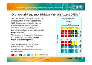 ITU/BDT Arab Regional Workshop on “4G Wireless Systems” – Tunisia 2010
Orthogonal Frequency Division Multiple Access OFDMA
h b i id i i b iThe basic idea is to assign subcarriers to 
users based on their bit rate services. 
With this approach it is quite easy to 
h dl hi h d l bit t
Orthogonal Frequency
Multiple Access
OFDMA
time
handle high and low bit rate users 
simultaneously in a single system.
But still it is difficult to run highly variable 
traffic efficiently
1 1 2
...
...1 2
traffic efficiently.
The solution to this problem is to assign 
to a single users so called resource 
blocks or scheduling blocks
1
. . . . .
...
...
1 22
2 2
carrier
1
1 1 1
RBblocks or scheduling blocks.
Such block is simply a set of some 
subcarriers over some time.
.
.
.
.
.
.
.
.
.
. ...
...1 1 1
subc
111
33 3 3 3
RB
subcarriers over some time. 
A single user can then use one or more 
Resource blocks. 
3
...
...
...3 33 3 3
3 3 3
33 3 3 3
3
1 2 3UE 1 UE 2 UE 3 common info
www.cert.nat.tn46 LTE Overview
1 2 3UE 1 UE 2 UE 3 common info
 