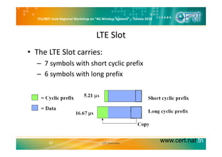 ITU/BDT Arab Regional Workshop on “4G Wireless Systems” – Tunisia 2010
LTE Slot
• The LTE Slot carries:
b l h h l f– 7 symbols with short cyclic prefix 
– 6 symbols with long prefix
www.cert.nat.tn57 LTE Overview
 