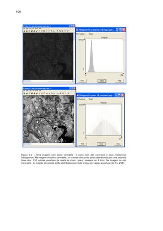 100

Figura 3.2 – Uma imagem com baixo contraste e outra com alto contraste e seus respectivos
histogramas. Na imagem de baixo contraste, os valores dos pixels estão distribuídos por uma pequena
faixa dos 256 valores possíveis de níveis de cinza (para imagens de 8 bits). Na imagem de alto
contraste, os valores dos pixels estão distribuídos por toda a faixa de valores possíveis (de 0 a 255).

 