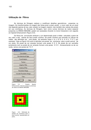 102

Utilização de Filtros
As técnicas de filtragem realçam e modificam detalhes geométricos presentes na
imagem. As transformações na imagem são feitas pixel a pixel, porém o novo valor de um pixel
não depende apenas de seu valor isolado na imagem original, mas também dos valores dos pixels
em sua vizinhança. As técnicas de filtragem, bem como outras técnicas de realce espacial
presentes no ERDAS IMAGINE, podem ser acessadas clicando no ícone Interpreter e em seguida
em Spatial Enhancement (Figura 3.5).
Os filtros de convolução atribuem a um determinado pixel a média calculada a partir de
seu valor e dos valores de seus pixels vizinhos. Os pixels vizinhos que entrarão no cálculo da
média são definidos por uma janela de tamanho impar n X n (3 X 3, 5 X 5, 7 X 7, por
exemplo). Veja na Figura 3.6 como é definida uma janela de vizinhança para o pixel central, de
cor preta. Os pixels de cor amarela formam uma janela 3 X 3. Os pixels de cor vermelha
juntamente com os pixels de cor amarela formam uma janela 5 X 5 . Acrescentando os de cor
verde, temos uma janela de 7 X 7

Figura
3.5
–
Quadro
Spatial
Enhancement. Permite acesso às técnicas
de realce do ERDAS IMAGINE

Figura
3.6 - Definição de
janelas de vizinhança para o
pixel central, representado em
preto.

 