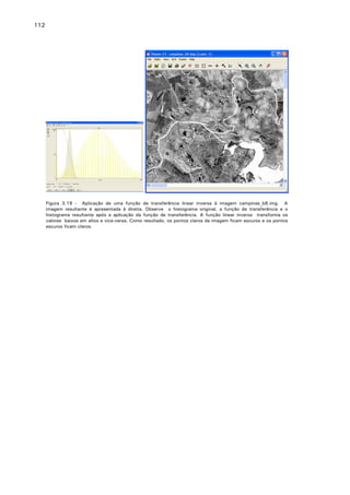 112

Figura 3.19 - Aplicação de uma função de transferência linear inversa à imagem campinas_b8.img. A
imagem resultante é apresentada à direita. Observe o histograma original, a função de transferência e o
histograma resultante após a aplicação da função de transferência. A função linear inversa transforma os
valores baixos em altos e vice-versa. Como resultado, os pontos claros da imagem ficam escuros e os pontos
escuros ficam claros.

 