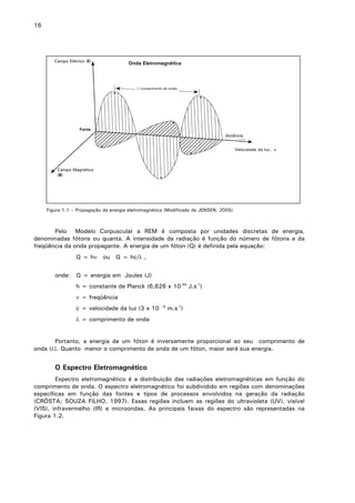 16

Campo Elétrico (E)

Onda Eletromagnética

λ (comprimento de onda)

Fonte
distância
Velocidade da luz, c

Campo Magnético
(B)

Figura 1.1 – Propagação da energia eletromagnética (Modificado de JENSEN, 2005)

Pelo Modelo Corpuscular a REM é composta por unidades discretas de energia,
denominadas fótons ou quanta. A intensidade da radiação é função do número de fótons e da
freqüência da onda propagante. A energia de um fóton (Q) é definida pela equação:
Q = hν ou Q = hc/λ ,
onde: Q = energia em Joules (J)
h = constante de Planck (6,626 x 10-34 J.s-1)
ν = freqüência
c = velocidade da luz (3 x 10

–8

m.s-1)

λ = comprimento de onda
Portanto, a energia de um fóton é inversamente proporcional ao seu comprimento de
onda (λ). Quanto menor o comprimento de onda de um fóton, maior será sua energia.

O Espectro Eletromagnético
Espectro eletromagnético é a distribuição das radiações eletromagnéticas em função do
comprimento de onda. O espectro eletromagnético foi subdividido em regiões com denominações
específicas em função das fontes e tipos de processos envolvidos na geração da radiação
(CRÓSTA; SOUZA FILHO, 1997). Essas regiões incluem as regiões do ultravioleta (UV), visível
(VIS), infravermelho (IR) e microondas. As principais faixas do espectro são representadas na
Figura 1.2.

 