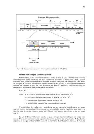 17

Figura 1.2 – Representação do espectro eletromagnético (Modificado de INPE, 2004).

Fontes de Radiação Eletromagnética
Toda matéria a uma temperatura absoluta acima de zero (0 K ou –273ºC) emite radiação
eletromagnética como resultado de suas oscilações atômicas e moleculares (INPE, 2002).
Portanto, todo corpo com temperatura absoluta acima de zero pode ser considerado uma fonte
de radiação. A exitância radiante total de uma superfície (M), ou seja, o fluxo de energia radiante
emitida por unidade de área de uma superfície em todo o espectro, relaciona-se com sua
temperatura absoluta (T) pela Lei de Stefan-Boltzmann:
M= ε σT4 ,
onde: M = exitância radiante total da superfície de um material (W m-2)
σ = constante de Stefan-Boltzmann (5,6697 x 10-8 W m-2 K-4)
T = temperatura absoluta do material emitente (K)
ε = emissividade (depende da constituição do material)
A emissividade é a razão entre a exitância de um material e a exitância de um corpo
negro à mesma temperatura. O corpo negro é um radiador ideal e hipotético que absorve e
reemite toda a energia incidente sobre ele. Objetos reais apenas aproximam-se de um corpo
negro.
Da Lei de Stefan-Boltzmann conclui-se que a energia total emitida por um corpo varia
com a T4 e assim aumenta muito rapidamente com o aumento da temperatura. A distribuição
espectral da energia emitida também varia. O comprimento de onda dominante (λmax) da radiação

 