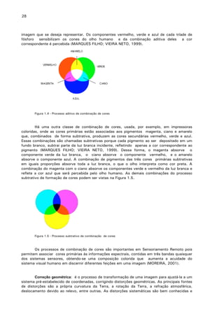 28

imagem que se deseja representar. Os componentes vermelho, verde e azul de cada tríade de
fósforo sensibilizam os cones do olho humano e da combinação aditiva deles a cor
correspondente é percebida (MARQUES FILHO; VIEIRA NETO, 1999).

Figura 1.4 - Processo aditivo de combinação de cores

Há uma outra classe de combinação de cores, usada, por exemplo, em impressoras
coloridas, onde as cores primárias estão associadas aos pigmentos magenta, ciano e amarelo
que, combinados de forma subtrativa, produzem as cores secundárias vermelho, verde e azul.
Essas combinações são chamadas subtrativas porque cada pigmento ao ser depositado em um
fundo branco, subtrai parte da luz branca incidente, refletindo apenas a cor correspondente ao
pigmento (MARQUES FILHO; VIEIRA NETO, 1999). Dessa forma, o magenta absorve o
componente verde da luz branca, o ciano absorve o componente vermelho, e o amarelo
absorve o componente azul. A combinação de pigmentos das três cores primárias subtrativas
em iguais proporções absorve toda a luz branca, o que o olho interpreta como cor preta. A
combinação do magenta com o ciano absorve os componentes verde e vermelho da luz branca e
reflete a cor azul que será percebida pelo olho humano. As demais combinações do processo
subtrativo de formação de cores podem ser vistas na Figura 1.5.

Figura 1.5 - Processo subtrativo de combinação de cores

Os processos de combinação de cores são importantes em Sensoriamento Remoto pois
permitem associar cores primárias às informações espectrais, contidas em três bandas quaisquer
dos sistemas sensores, obtendo-se uma composição colorida que aumenta a acuidade do
sistema visual humano em discernir diferentes feições em uma imagem (MOREIRA, 2001).
Correção geométrica: é o processo de transformação de uma imagem para ajustá-la a um
sistema pré-estabelecido de coordenadas, corrigindo distorções geométricas. As principais fontes
de distorções são a própria curvatura da Terra, a rotação da Terra, a refração atmosférica,
deslocamento devido ao relevo, entre outras. As distorções sistemáticas são bem conhecidas e

 