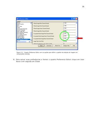 35

Figura 2.3 – Quadro Preference Editor com as opções para definir o padrão de exibição de imagens em
composições coloridas

6. Para salvar suas preferências e fechar o quadro Preference Editor clique em User
Save e em seguida em Close

 
