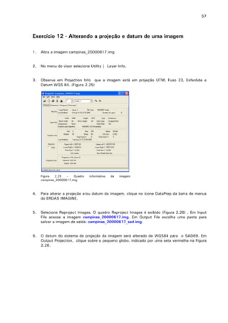 57

Exercício 12 - Alterando a projeção e datum de uma imagem
1.

Abra a imagem campinas_20000617.img

2.

No menu do visor selecione Utility | Layer Info.

3.

Observe em Projection Info que a imagem está em projeção UTM, Fuso 23, Esferóide e
Datum WGS 84. (Figura 2.25)

Figura
2.25
–
Quadro
campinas_20000617.img

informativo

da

imagem

4.

Para alterar a projeção e/ou datum da imagem, clique no ícone DataPrep da barra de menus
do ERDAS IMAGINE.

5.

Selecione Reproject Images. O quadro Reproject Images é exibido (Figura 2.26) . Em Input
File acesse a imagem campinas_20000617.img. Em Output File escolha uma pasta para
salvar a imagem de saída: campinas_20000617_sad.img.

6.

O datum do sistema de projeção da imagem será alterado de WGS84 para o SAD69. Em
Output Projection, clique sobre o pequeno globo, indicado por uma seta vermelha na Figura
2.26.

 