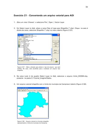 83

Exercício 21 - Convertendo um arquivo vetorial para AOI
1. Abra um visor (Viewer) e selecione File | Open | Vector Layer
2. Em Select Layer to Add, altere a caixa Files of type para Shapefile (*.shp). Clique na seta à
direita da caixa, selecione Shapefile (*.shp) no menu aberto (Figura 2.57).

Figura 2.57 – Menu utilizado para alterar o tipo de arquivo que será
exibido. No caso, será escolhido para a exibição um arquivo tipo
shapefile.

3. Na caixa Look in do quadro Select Layer to Add, selecione o arquivo limite_WGS84.shp,
presente na pasta C:/Tutorial_Imagine/Dados.
4. Um arquivo vetorial shapefile com o limite do município de Campinas é aberto (Figura 2.58).

Figura 2.58 – Arquivo vetorial no formato shapefile
representando o limite do município de Campinas

 