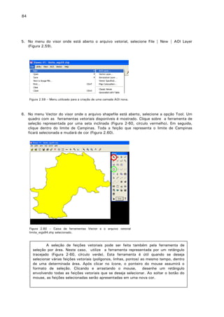 84

5. No menu do visor onde está aberto o arquivo vetorial, selecione File | New | AOI Layer
(Figura 2.59).

Figura 2.59 – Menu utilizado para a criação de uma camada AOI nova.

6. No menu Vector do visor onde o arquivo shapefile está aberto, selecione a opção Tool. Um
quadro com as ferramentas vetoriais disponíveis é mostrado. Clique sobre a ferramenta de
seleção representada por uma seta inclinada (Figura 2-60, círculo vermelho). Em seguida,
clique dentro do limite de Campinas. Toda a feição que representa o limite de Campinas
ficará selecionada e mudará de cor (Figura 2.60).

Figura 2.60 – Caixa de ferramentas Vector e o arquivo vetorial
limite_wgs84.shp selecionado.

A seleção de feições vetoriais pode ser feita também pela ferramenta de
seleção por área. Neste caso, utilize a ferramenta representada por um retângulo
tracejado (Figura 2-60, círculo verde). Esta ferramenta é útil quando se deseja
selecionar várias feições vetoriais (polígonos, linhas, pontos) ao mesmo tempo, dentro
de uma determinada área. Após clicar no ícone, o ponteiro do mouse assumirá o
formato de seleção. Clicando e arrastando o mouse,
desenhe um retângulo
envolvendo todas as feições vetoriais que se deseja selecionar. Ao soltar o botão do
mouse, as feições selecionadas serão apresentadas em uma nova cor.

 