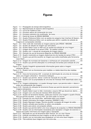 Figuras

Figura 1.1 - Propagação da energia eletromagnética .........................................................16
Figura 1.2 - Representação do espectro eletromagnético . ..................................................17
Figura 1.3 - Curva de irradiância solar . ............................................................................18
Figura 1.4 - Processo aditivo de combinação de cores .......................................................28
Figura 1.5 - Processo subtrativo de combinação de cores..................................................28
Figura 2.1 - Painel de ícones do ERDAS IMAGINE .............................................................33
Figura 2.2 - Quadro Preference Editor com as opções da categoria User Interface & Session ..34
Figura 2.3 - Quadro Preference Editor com as opções para definir o padrão de exibição de
imagens em composições coloridas .............................................................................35
Figura 2.4 - Visor onde são mostradas as imagens abertas pelo ERDAS IMAGINE. ...............36
Figura 2.5 - Quadro de seleção da imagem que será aberta ................................................37
Figura 2.6 - Quadro Select Layer to Add com as opções de exibição de uma imagem ............37
Figura 2.7 - Imagem da banda 4 do sensor ETM+ do satélite Landsat. ................................38
Figura 2.8 - Quadro com a escala de visualização da imagem aberta...................................40
Figura 2.9 - Exemplo de uso da ferramenta Magnifier do ERDAS IMAGINE. ..........................40
Figura 2.10 - Quadro mostrando as imagens disponíveis de oito bandas do sensor ETM+........41
Figura 2.11 - Quadro que permite escolher as imagens que serão empilhadas pela ferramenta
Layer Stack ..............................................................................................................42
Figura 2.12 - Imagem do município de Campinas e vizinhanças em composição colorida ..........43
Figura 2.13 - Quadro que permite alterações na combinação de bandas para exibição de uma
imagem....................................................................................................................44
Figura 2.14 - Quadro ImageInfo apresentando informações gerais sobre a imagem
campinas_b8.img ......................................................................................................45
Figura 2.15 - Quadro com as ferramentas para medidas e a tabela descritiva das medidas
efetuadas. ................................................................................................................46
Figura 2.16 - Caixa de ferramentas AOI e exemplo de delimitação de uma área de interesse
sobre uma imagem utilizando a ferramenta retângulo. ...................................................49
Figura 2.17 - Quadro que permite alterar o estilo de marcação de uma AOI. ..........................50
Figura 2.18 - Quadro com as propriedades de uma área de interesse (AOI) desenhada sobre uma
imagem....................................................................................................................51
Figura 2.19 - Imagens sobrepostas e o quadro Arrange Layers, que permite exibir e alterar a
ordem de sobreposição das imagens............................................................................52
Figura 2.20 - Exemplo de utilização da ferramenta Swipe que permite descobrir parcialmente
imagens sobrepostas. ................................................................................................53
Figura 2.21 - Quadro Select Layer to Add, mostrando o arquivo AOI que deverá ser aberto......54
Figura 2.22 - Imagem com uma área de interesse (AOI) demarcada. ......................................55
Figura 2.23 - Quadro da ferramenta Subset, usada para recortar uma imagem e quadro Choose
AOI que permite escolher o arquivo AOI que será usado no recorte. ..............................55
Figura 2.24 - Exemplo de uma Inquire Box delimitada sobre uma imagem..............................56
Figura 2.25 - Quadro informativo da imagem campinas_20000617.img .................................57
Figura 2.26 - Quadro Reproject Images. Permite escolher a projeção da imagem de saída.........58
Figura 2.27 - Quadro utilizado para escolher ou editar uma projeção......................................58
Figura 2.28 - Quadro para salvar uma projeção editada ........................................................59
Figura 2.29 - Quadro que permite definir uma nova categoria de projeções no ERDAS IMAGINE59
Figura 2.30 - Quadro com as informações necessárias para reprojetar a imagem do exercício e o
aspecto da quadro informativo da imagem após a reprojeção..........................................60
Figura 2.31 - Resultado do uso da ferramenta Split Vertical em um visor Viewer....................61
Figura 2.32 - Exibição simultânea de duas imagens na tela do monitor de vídeo......................62
Figura 2.33 - Quadro com as instruções para estabelecer um link entre duas imagens .............63
Figura 2.34 - Tela exibindo duas imagens com link entre elas. ..............................................63

 