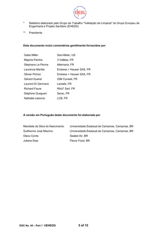 DOC No. 45 – Part 1 ©EHEDG 5 of 15
* Relatório elaborado pelo Grupo de Trabalho "Validação de Limpeza" do Grupo Europeu de
Engenharia e Projeto Sanitário (EHEDG)
** Presidente
Este documento inclui comentários gentilmente fornecidos por
A versão em Português deste documento foi elaborada por
Maristela da Silva do Nascimento Universidade Estadual de Campinas, Campinas, BR
Guilherme José Maximo Universidade Estadual de Campinas, Campinas, BR
Olavo Conte Sealed Air, BR
Juliane Dias Flavor Food, BR
Gabe Miller Sani-Matic, US
Majorie Peintre 3 Vallées, FR
Stephane Le Penne Alternaria, FR
Laurence Maribe Endress + Hauser SAS, FR
Olivier Pichon Endress + Hauser SAS, FR
Gérard Gueret GIM Conseil, FR
Laurent Di Germano Lactalis, FR
Richard Faure RALF Sarl, FR
Delphine Gueguen Serac, FR
Nathalie Leborne LCB, FR
 