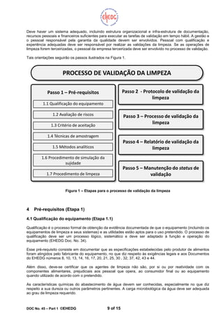 DOC No. 45 – Part 1 ©EHEDG 9 of 15
Deve haver um sistema adequado, incluindo estrutura organizacional e infra-estrutura de documentação,
recursos pessoais e financeiros suficientes para executar as tarefas de validação em tempo hábil. A gestão e
o pessoal responsável pela garantia da qualidade devem ser envolvidos. Pessoal com qualificação e
experiência adequadas deve ser responsável por realizar as validações da limpeza. Se as operações de
limpeza forem terceirizadas, o pessoal da empresa terceirizada deve ser envolvido no processo de validação.
Tais orientações seguirão os passos ilustrados na Figura 1.
Figura 1 – Etapas para o processo de validação da limpeza
4 Pré-requisitos (Etapa 1)
4.1 Qualificação do equipamento (Etapa 1.1)
Qualificação é o processo formal de obtenção da evidência documentada de que o equipamento (incluindo os
equipamentos de limpeza e seus sistemas) e as utilidades estão aptos para o uso pretendido. O processo de
qualificação deve ser um processo lógico, sistemático e deve ser adaptado à função e operação do
equipamento (EHEDG Doc. No. 34).
Esse pré-requisito consiste em documentar que as especificações estabelecidas pelo produtor de alimentos
foram atingidos pelo fabricante do equipamento, no que diz respeito às exigências legais e aos Documentos
do EHEDG números 8, 10, 13, 14, 16, 17, 20, 21, 25, 30 , 32, 37, 42, 43 e 44.
Além disso, deve-se certificar que os agentes de limpeza não são, por si ou por reatividade com os
componentes alimentares, prejudiciais aos pessoal que opera, ao consumidor final ou ao equipamento
quando utilizado de acordo com o pretendido.
As características químicas do abastecimento de água devem ser conhecidas, especialmente no que diz
respeito a sua dureza ou outros parâmetros pertinentes. A carga microbiológica da água deve ser adequada
ao grau de limpeza requerido.
PROCESSO DE VALIDAÇÃO DA LIMPEZA
Passo 1 – Pré-requisitos
1.1 Qualificação do equipamento
1.2 Avaliação de riscos
1.3 Critério de aceitação
1.4 Técnicas de amostragem
1.5 Métodos analíticos
1.6 Procedimento de simulação da
sujidade
1.7 Procedimento de limpeza
Passo 2 - Protocolo de validação da
limpeza
Passo 3 – Processo de validação da
limpeza
Passo 4 – Relatório de validação da
limpeza
Passo 5 – Manutenção do status de
validação
 