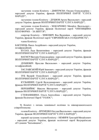 11
заступник голови Комітету - ДМИТРІЄВА Оксана Олександрівна -
народний депутат України, фракція ПОЛІТИЧНОЇ ПАРТІЇ "СЛУГА
НАРОДУ";
заступник голови Комітету - ДУБНОВ Артем Васильович - народний
депутат України, фракція ПОЛІТИЧНОЇ ПАРТІЇ "СЛУГА НАРОДУ";
заступник голови Комітету - МАКАРЕНКО Михайло Васильович -
народний депутат України, фракція Політичної партії "ОПОЗИЦІЙНА
ПЛАТФОРМА – ЗА ЖИТТЯ";
секретар Комітету - ЗІНКЕВИЧ Яна Вадимівна - народний депутат
України, фракція Політичної партії "ЄВРОПЕЙСЬКА СОЛІДАРНІСТЬ";
члени Комітету:
БАКУНЕЦЬ Павло Андрійович - народнийдепутат України,
позафракційний;
БУЛАХ Лада Валентинівна - народний депутат України, фракція
ПОЛІТИЧНОЇ ПАРТІЇ "СЛУГА НАРОДУ";
ВАГНЄР Вікторія Олександрівна - народнийдепутатУкраїни, фракція
ПОЛІТИЧНОЇ ПАРТІЇ "СЛУГА НАРОДУ";
ДУБНЕВИЧ Ярослав Васильович - народний депутат України,
позафракційний;
ЗАСЛАВСЬКИЙ Юрій Іванович - народнийдепутат України, фракція
ПОЛІТИЧНОЇ ПАРТІЇ "СЛУГА НАРОДУ";
ЗУБ Валерій Олексійович - народний депутат України, фракція
ПОЛІТИЧНОЇ ПАРТІЇ "СЛУГА НАРОДУ";
КУЗЬМІНИХ Сергій Володимирович - народний депутат України,
фракція ПОЛІТИЧНОЇ ПАРТІЇ "СЛУГА НАРОДУ";
ПЕРЕБИЙНІС Максим Вікторович - народний депутат України,
фракція ПОЛІТИЧНОЇ ПАРТІЇ "СЛУГА НАРОДУ";
СТЕФАНИШИНА Ольга Анатоліївна - народний депутат України,
фракція Політичної Партії "ГОЛОС";
9) Комітет з питань зовнішньої політики та міжпарламентського
співробітництва:
головаКомітету - ЯРЕМЕНКО БогданВасильович - народнийдепутат
України, фракція ПОЛІТИЧНОЇ ПАРТІЇ "СЛУГА НАРОДУ";
перший заступник голови Комітету - НЕМИРЯ Григорій Михайлович
- народний депутат України, фракція політичної партії Всеукраїнське
об’єднання "Батьківщина";
 