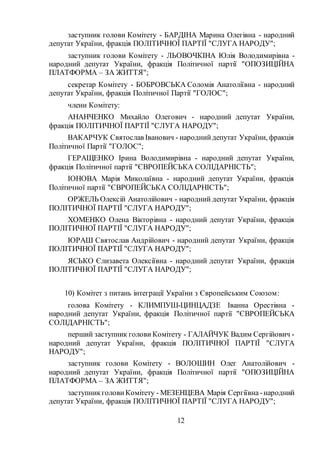 12
заступник голови Комітету - БАРДІНА Марина Олегівна - народний
депутат України, фракція ПОЛІТИЧНОЇ ПАРТІЇ "СЛУГА НАРОДУ";
заступник голови Комітету - ЛЬОВОЧКІНА Юлія Володимирівна -
народний депутат України, фракція Політичної партії "ОПОЗИЦІЙНА
ПЛАТФОРМА – ЗА ЖИТТЯ";
секретар Комітету - БОБРОВСЬКА Соломія Анатоліївна - народний
депутат України, фракція Політичної Партії "ГОЛОС";
члени Комітету:
АНАНЧЕНКО Михайло Олегович - народний депутат України,
фракція ПОЛІТИЧНОЇ ПАРТІЇ "СЛУГА НАРОДУ";
ВАКАРЧУК Святослав Іванович - народнийдепутат України, фракція
Політичної Партії "ГОЛОС";
ГЕРАЩЕНКО Ірина Володимирівна - народний депутат України,
фракція Політичної партії "ЄВРОПЕЙСЬКА СОЛІДАРНІСТЬ";
ІОНОВА Марія Миколаївна - народний депутат України, фракція
Політичної партії "ЄВРОПЕЙСЬКА СОЛІДАРНІСТЬ";
ОРЖЕЛЬ Олексій Анатолійович - народний депутат України, фракція
ПОЛІТИЧНОЇ ПАРТІЇ "СЛУГА НАРОДУ";
ХОМЕНКО Олена Вікторівна - народний депутат України, фракція
ПОЛІТИЧНОЇ ПАРТІЇ "СЛУГА НАРОДУ";
ЮРАШ Святослав Андрійович - народний депутат України, фракція
ПОЛІТИЧНОЇ ПАРТІЇ "СЛУГА НАРОДУ";
ЯСЬКО Єлизавета Олексіївна - народний депутат України, фракція
ПОЛІТИЧНОЇ ПАРТІЇ "СЛУГА НАРОДУ";
10) Комітет з питань інтеграції України з Європейським Союзом:
голова Комітету - КЛИМПУШ-ЦИНЦАДЗЕ Іванна Орестівна -
народний депутат України, фракція Політичної партії "ЄВРОПЕЙСЬКА
СОЛІДАРНІСТЬ";
перший заступник голови Комітету - ГАЛАЙЧУК Вадим Сергійович -
народний депутат України, фракція ПОЛІТИЧНОЇ ПАРТІЇ "СЛУГА
НАРОДУ";
заступник голови Комітету - ВОЛОШИН Олег Анатолійович -
народний депутат України, фракція Політичної партії "ОПОЗИЦІЙНА
ПЛАТФОРМА – ЗА ЖИТТЯ";
заступникголови Комітету - МЕЗЕНЦЕВА Марія Сергіївна -народний
депутат України, фракція ПОЛІТИЧНОЇ ПАРТІЇ "СЛУГА НАРОДУ";
 