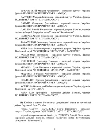 21
БУЖАНСЬКИЙ Максим Аркадійович - народний депутат України,
фракція ПОЛІТИЧНОЇ ПАРТІЇ "СЛУГА НАРОДУ";
ГАЛУШКО Микола Леонідович - народний депутат України, фракція
ПОЛІТИЧНОЇ ПАРТІЇ "СЛУГА НАРОДУ";
ДАНУЦА Олександр Анатолійович, народний депутат України,
фракція ПОЛІТИЧНОЇ ПАРТІЇ "СЛУГА НАРОДУ";
ДАНІЛОВ Віталій Богданович - народний депутат України, фракція
політичної партії Всеукраїнське об’єднання "Батьківщина";
ДМИТРУК Артем Геннадійович - народнийдепутат України, фракція
ПОЛІТИЧНОЇ ПАРТІЇ "СЛУГА НАРОДУ";
ЗАХАРЧЕНКО Володимир Васильович - народний депутат України,
фракція ПОЛІТИЧНОЇ ПАРТІЇ "СЛУГА НАРОДУ";
КИВА Ілля Володимирович - народний депутат України, фракція
Політичної партії "ОПОЗИЦІЙНА ПЛАТФОРМА – ЗА ЖИТТЯ";
КОЛЄВ Олег Вікторович - народний депутат України, фракція
ПОЛІТИЧНОЇ ПАРТІЇ "СЛУГА НАРОДУ";
КУНИЦЬКИЙ Олександр Олегович - народний депутат України,
фракція ПОЛІТИЧНОЇ ПАРТІЇ "СЛУГА НАРОДУ";
МАМОЯН Суто Чолоєвич - народний депутат України, фракція
Політичної партії "ОПОЗИЦІЙНА ПЛАТФОРМА – ЗА ЖИТТЯ";
МЕДЯНИК В’ячеслав Анатолійович - народний депутат України,
фракція ПОЛІТИЧНОЇ ПАРТІЇ "СЛУГА НАРОДУ";
НЕКЛЮДОВ Владлен Михайлович - народний депутат України,
фракція ПОЛІТИЧНОЇ ПАРТІЇ "СЛУГА НАРОДУ";
УСТІНОВА ОлександраЮріївна - народнийдепутат України, фракція
Політичної Партії "ГОЛОС";
ЯЦИК Юлія Григорівна - народний депутат України, фракція
ПОЛІТИЧНОЇ ПАРТІЇ "СЛУГА НАРОДУ";
18) Комітет з питань Регламенту, депутатської етики та організації
роботи Верховної Ради України:
голова Комітету - КАЛЬЧЕНКО Сергій Віталійович - народний
депутат України, фракція ПОЛІТИЧНОЇ ПАРТІЇ "СЛУГА НАРОДУ";
перший заступник голови Комітету - ПУЗІЙЧУК Андрій Вікторович -
народний депутат України, фракція політичної партії Всеукраїнське
об’єднання "Батьківщина";
 